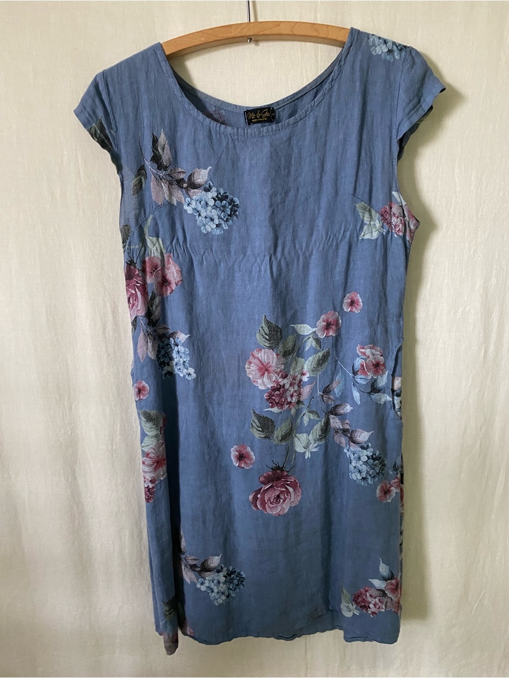 Linen Me & Gee Blue/Pink Floral Cap-Sleeve Linen Dress - Small - Pockets